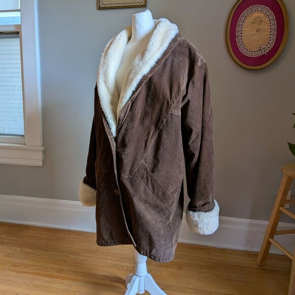 Vintage 90s Midwest Traders Suede Chore Coat Faux Sherpa Leather Jacket Size L - Picture 2 of 10
